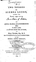 Anna Maria Falconbridge, title page for Two Voyages to Sierra Leone During the Years 1791-2-3: In a Series of Letters, 1794 thumbnail